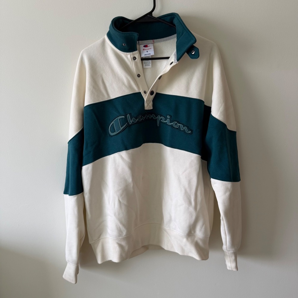 Champion Mens Colorblock Snap Neck Sweatshirt Teal Cream Small CPM263TL13